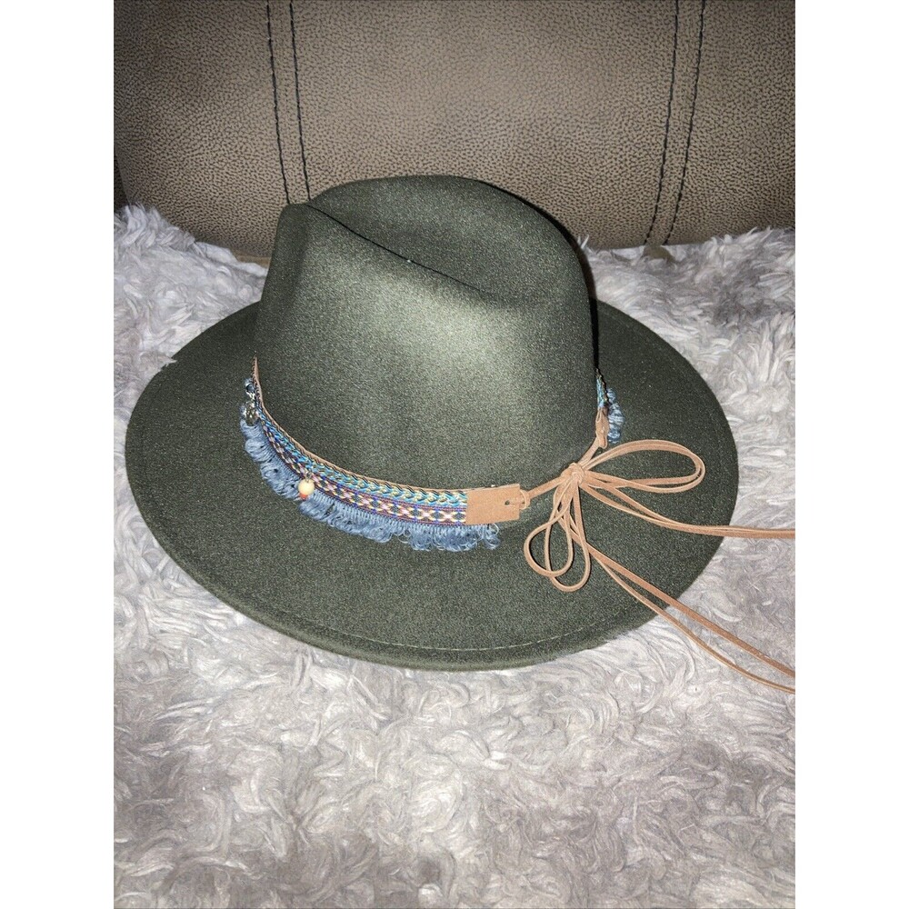 Western Cowboy Hat Fedora Panama Party Bead Tassle Army Green Unisex Rodeo Boho - Picture 4 of 5